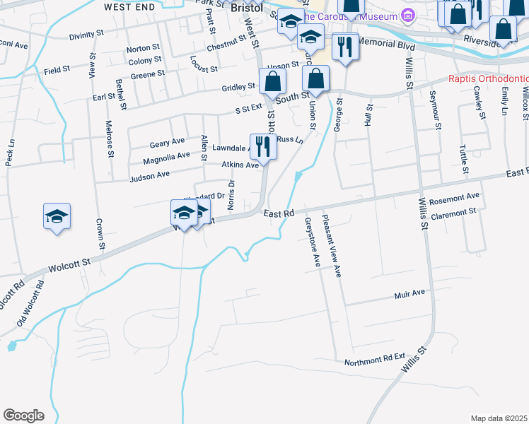map of restaurants, bars, coffee shops, grocery stores, and more near 12 Beecher Road in Bristol