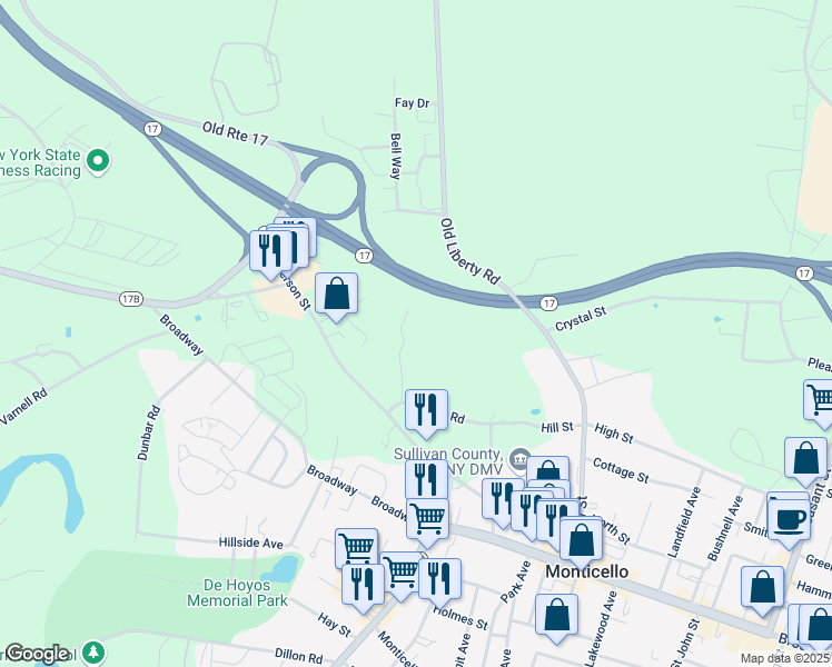 map of restaurants, bars, coffee shops, grocery stores, and more near 74 Sturgis Road in Monticello