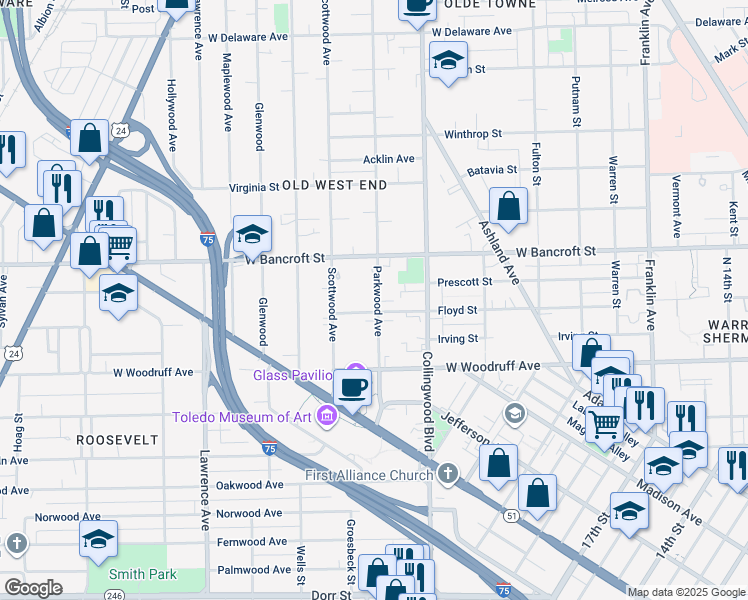 map of restaurants, bars, coffee shops, grocery stores, and more near 2107 Parkwood Avenue in Toledo