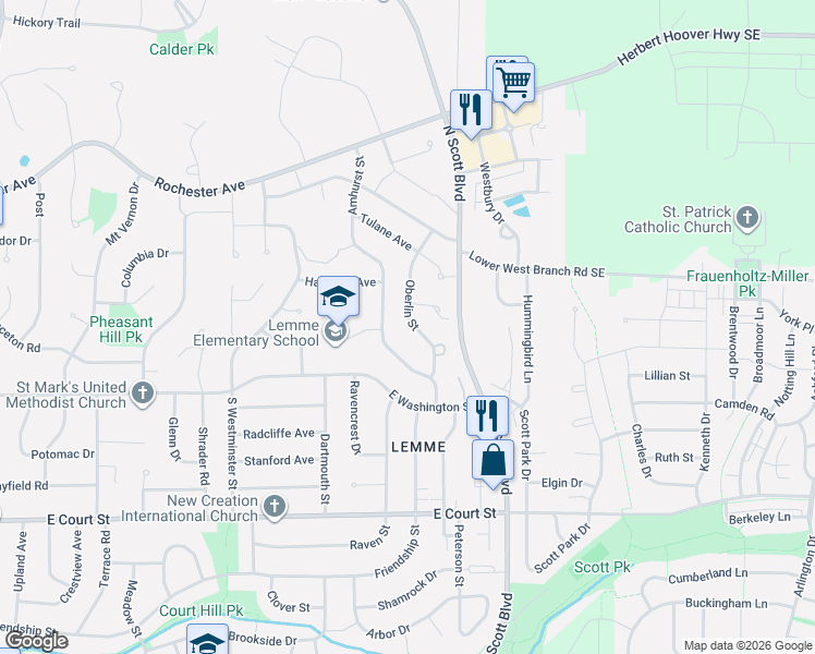 map of restaurants, bars, coffee shops, grocery stores, and more near 109 Oberlin Street in Iowa City