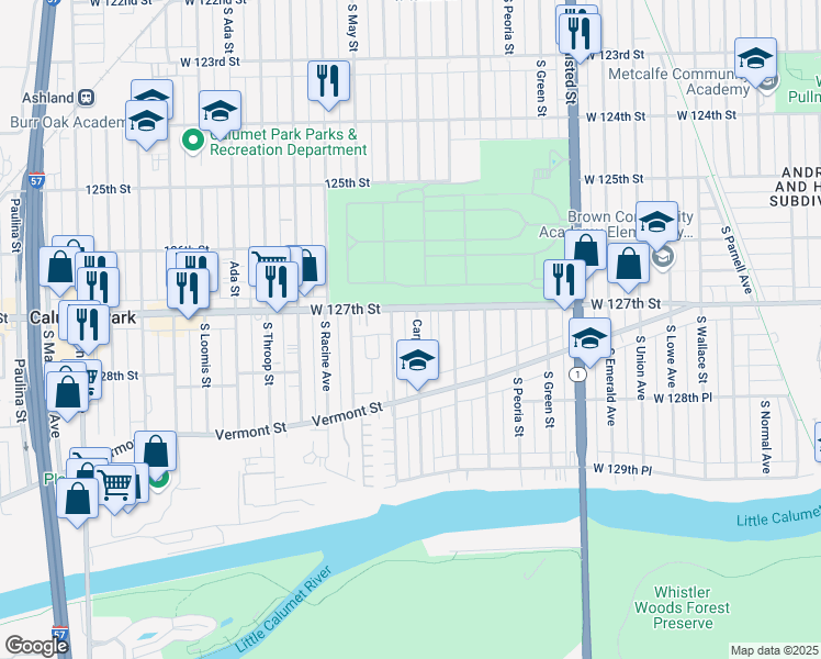 map of restaurants, bars, coffee shops, grocery stores, and more near 12720 South Carpenter Street in Calumet Park