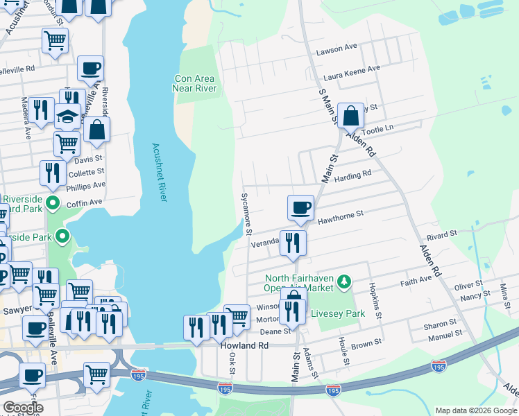 map of restaurants, bars, coffee shops, grocery stores, and more near 9 Saint Mary Street in Fairhaven