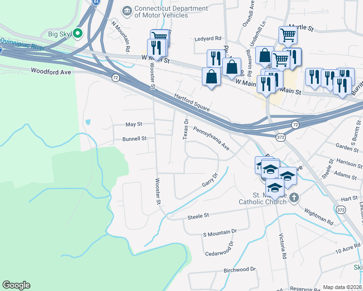 map of restaurants, bars, coffee shops, grocery stores, and more near 103 Texas Drive in New Britain