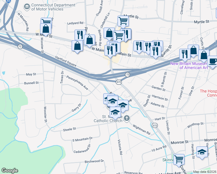 map of restaurants, bars, coffee shops, grocery stores, and more near 329 Black Rock Avenue in New Britain