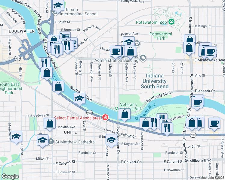 map of restaurants, bars, coffee shops, grocery stores, and more near 1203 Twyckenham Drive in South Bend