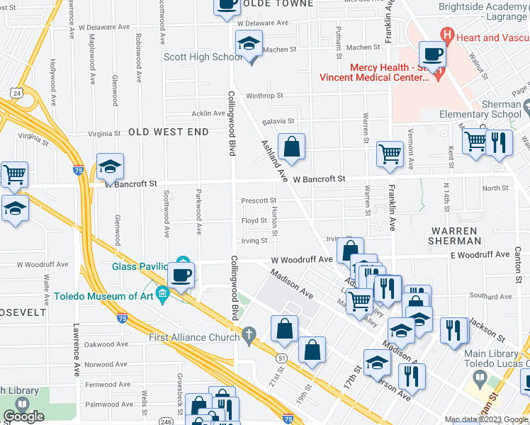 map of restaurants, bars, coffee shops, grocery stores, and more near 414 Floyd Street in Toledo