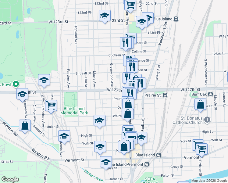 map of restaurants, bars, coffee shops, grocery stores, and more near 2473 Burr Oak Avenue in Blue Island