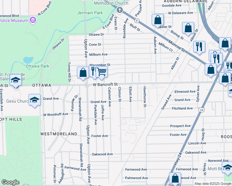 map of restaurants, bars, coffee shops, grocery stores, and more near 2127 Clinton Street in Toledo