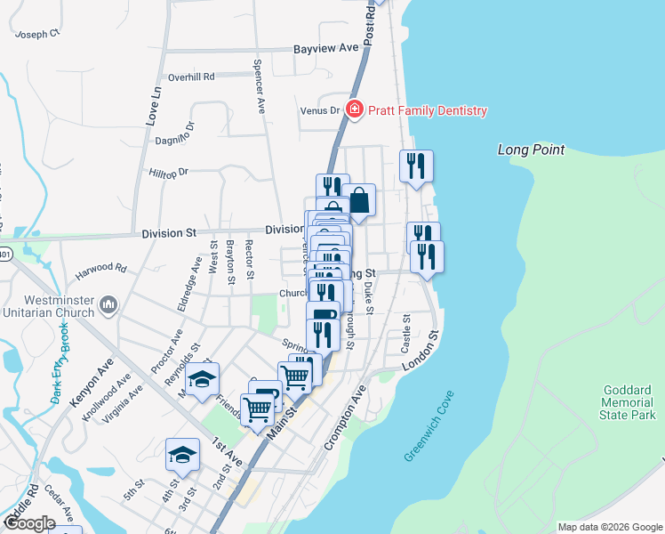 map of restaurants, bars, coffee shops, grocery stores, and more near 98 Main Street in East Greenwich