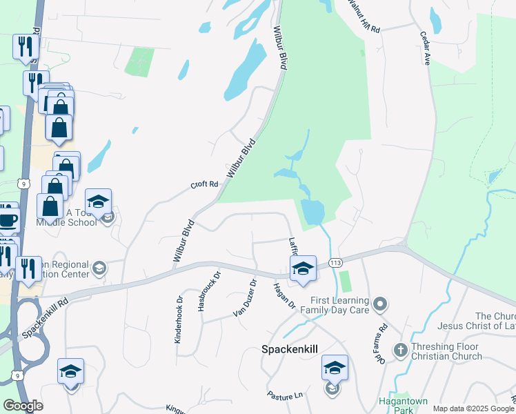 map of restaurants, bars, coffee shops, grocery stores, and more near 25 Laffin Lane in Poughkeepsie
