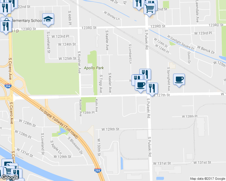 map of restaurants, bars, coffee shops, grocery stores, and more near 12637 South Keeler Avenue in Alsip