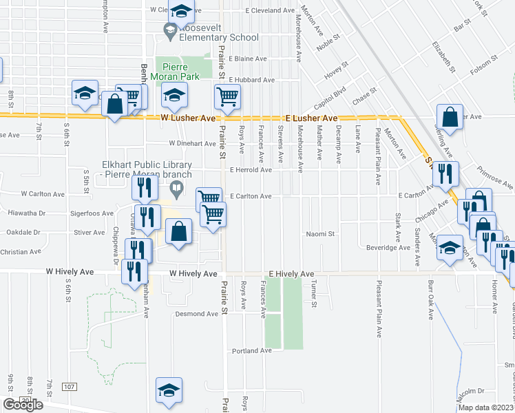 map of restaurants, bars, coffee shops, grocery stores, and more near 2415 Frances Avenue in Elkhart