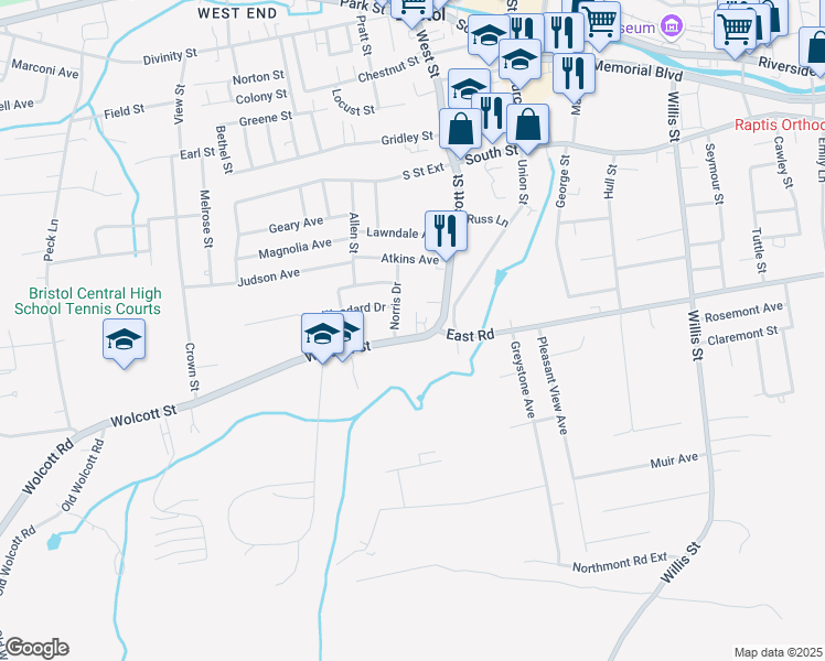 map of restaurants, bars, coffee shops, grocery stores, and more near 206 Wolcott Street in Bristol