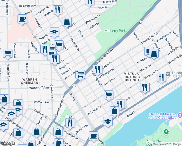 map of restaurants, bars, coffee shops, grocery stores, and more near 931 Champlain Street in Toledo