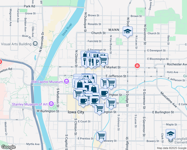 map of restaurants, bars, coffee shops, grocery stores, and more near 119 North Linn Street in Iowa City
