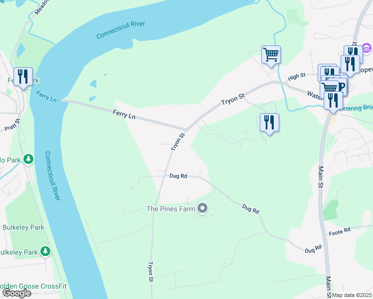 map of restaurants, bars, coffee shops, grocery stores, and more near 251 Tryon Street in Glastonbury