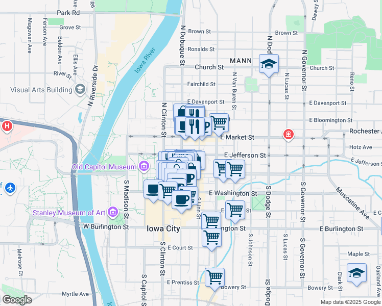 map of restaurants, bars, coffee shops, grocery stores, and more near 220 East Jefferson Street in Iowa City