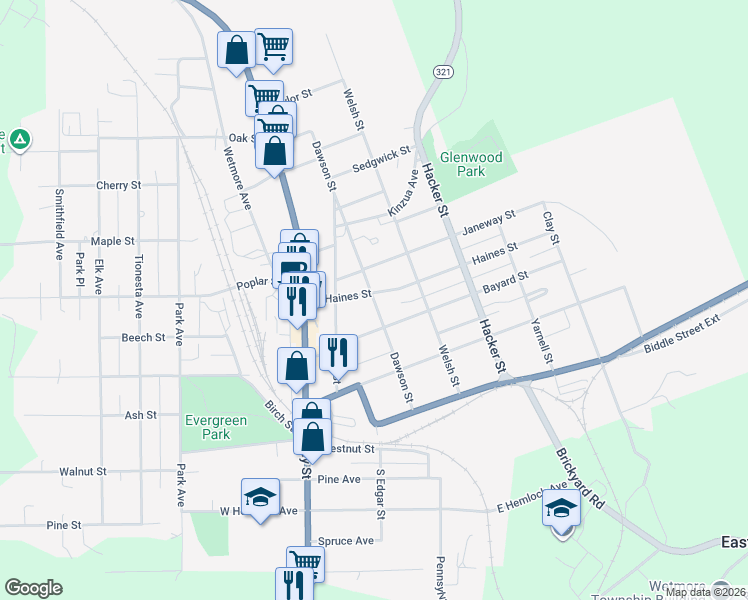 map of restaurants, bars, coffee shops, grocery stores, and more near 300 Dawson Street in Kane