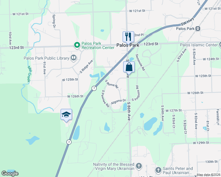 map of restaurants, bars, coffee shops, grocery stores, and more near 8623 South Roma Road in Palos Park