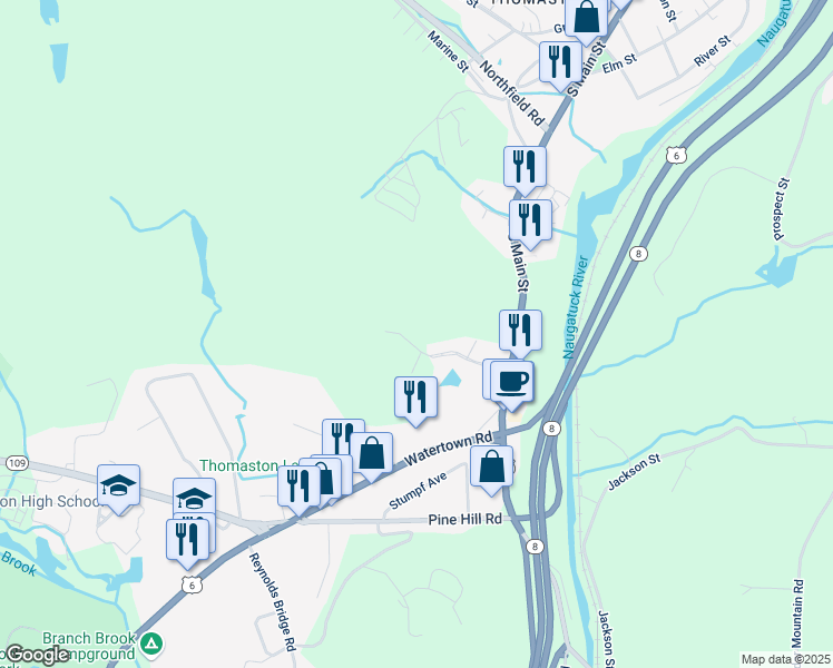 map of restaurants, bars, coffee shops, grocery stores, and more near 500 South Main Street in Thomaston