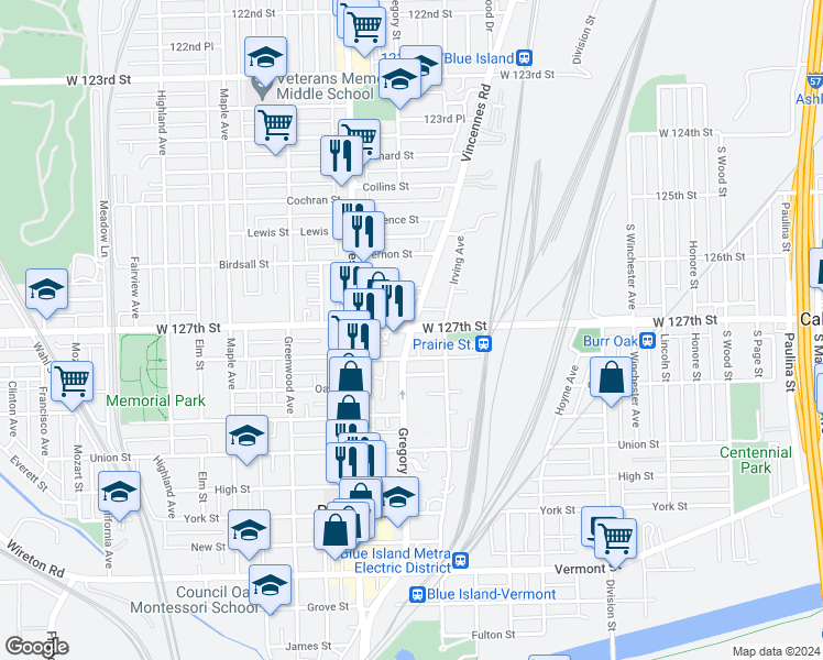 map of restaurants, bars, coffee shops, grocery stores, and more near 12701 Gregory Street in Blue Island