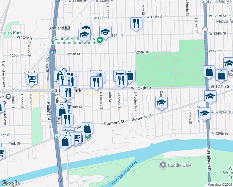 map of restaurants, bars, coffee shops, grocery stores, and more near 12706 South Throop Street in Calumet Park