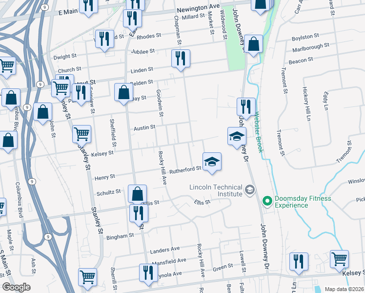map of restaurants, bars, coffee shops, grocery stores, and more near 229 Kelsey Street in New Britain