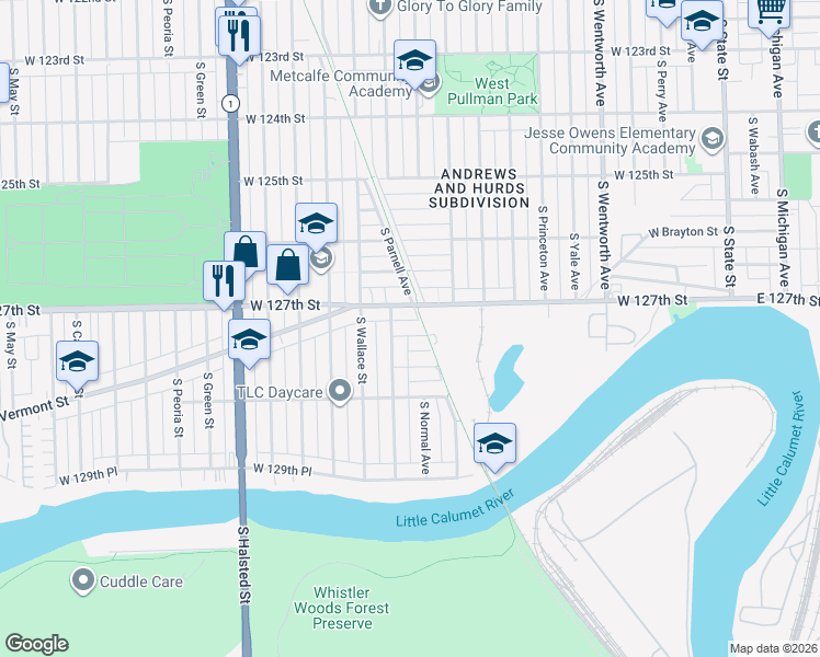 map of restaurants, bars, coffee shops, grocery stores, and more near 516 West 127th Place in Chicago