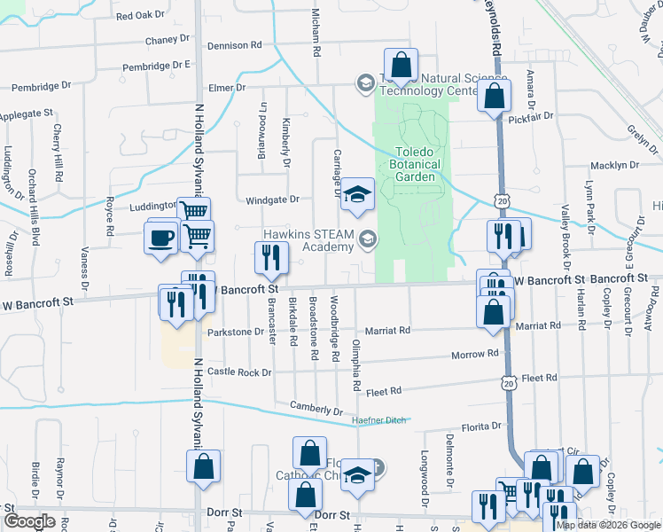 map of restaurants, bars, coffee shops, grocery stores, and more near 2222 Country Squire Lane in Toledo