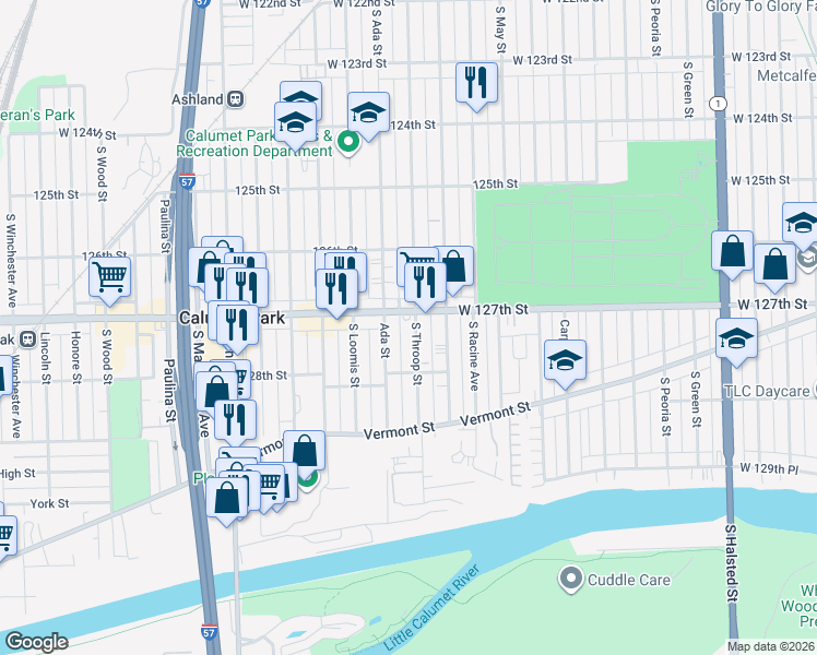 map of restaurants, bars, coffee shops, grocery stores, and more near 12706 South Throop Street in Calumet Park