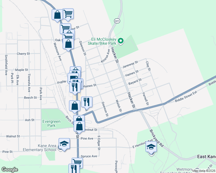 map of restaurants, bars, coffee shops, grocery stores, and more near 201 Haines Alley in Kane