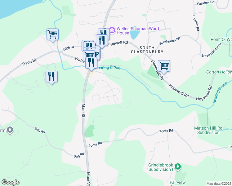 map of restaurants, bars, coffee shops, grocery stores, and more near 145 South Mill Drive in Glastonbury
