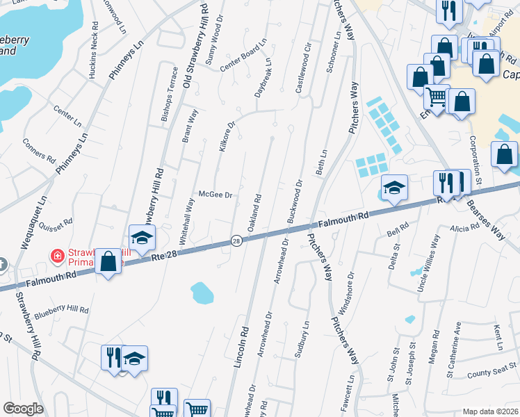 map of restaurants, bars, coffee shops, grocery stores, and more near 402 Oakland Road in Barnstable