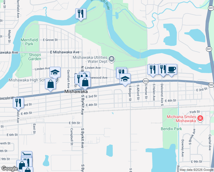 map of restaurants, bars, coffee shops, grocery stores, and more near 1533 Lincolnway East in Mishawaka