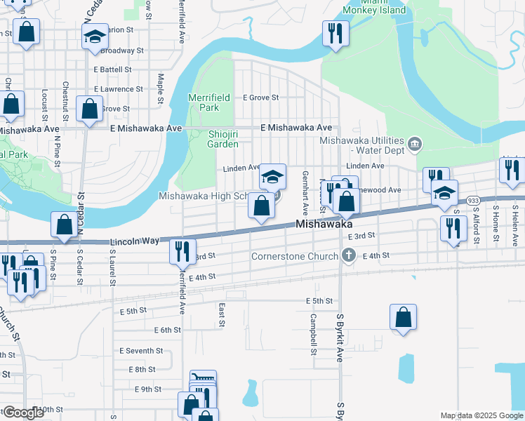 map of restaurants, bars, coffee shops, grocery stores, and more near 1202 Lincolnway East in Mishawaka