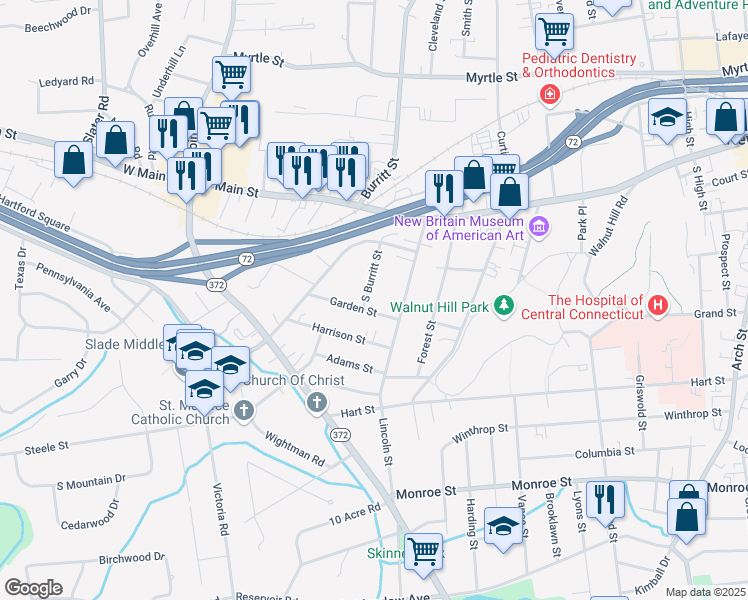 map of restaurants, bars, coffee shops, grocery stores, and more near 107 South Burritt Street in New Britain