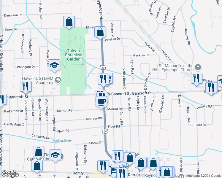 map of restaurants, bars, coffee shops, grocery stores, and more near in Toledo