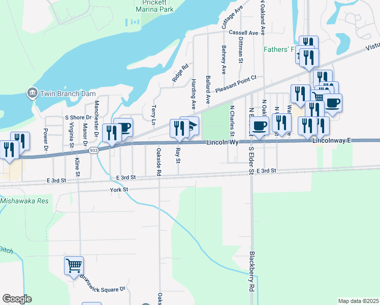 map of restaurants, bars, coffee shops, grocery stores, and more near 3831 Lincolnway East in Mishawaka