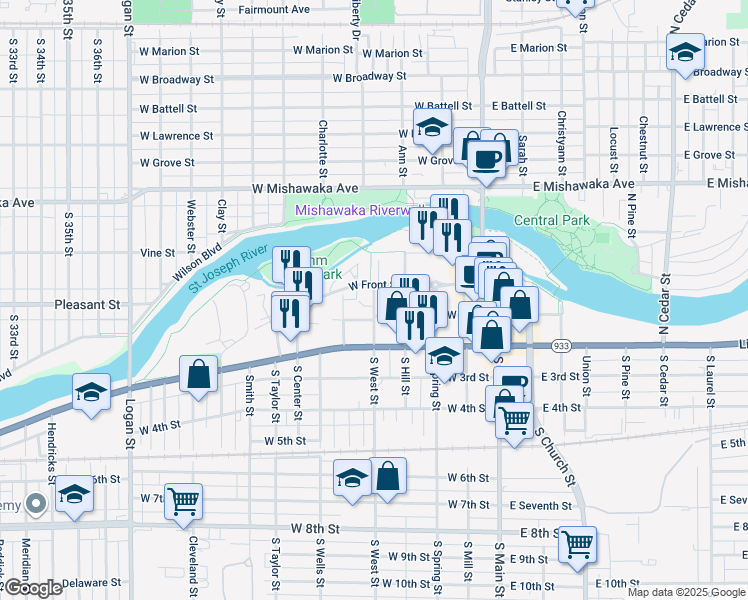 map of restaurants, bars, coffee shops, grocery stores, and more near 200-252 N West St in Mishawaka