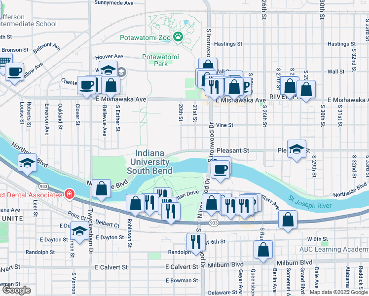 map of restaurants, bars, coffee shops, grocery stores, and more near 1123 21st Street in South Bend