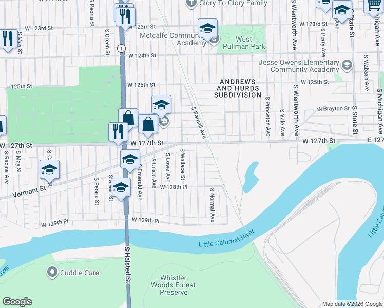 map of restaurants, bars, coffee shops, grocery stores, and more near 12722 South Parnell Avenue in Chicago
