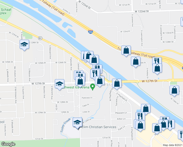 map of restaurants, bars, coffee shops, grocery stores, and more near 12625 South Alpine Drive in Alsip