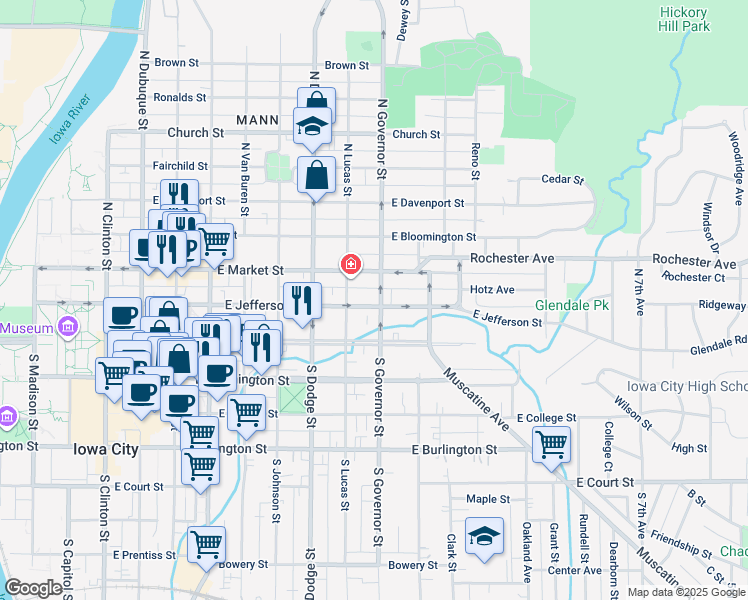 map of restaurants, bars, coffee shops, grocery stores, and more near 106 North Governor Street in Iowa City
