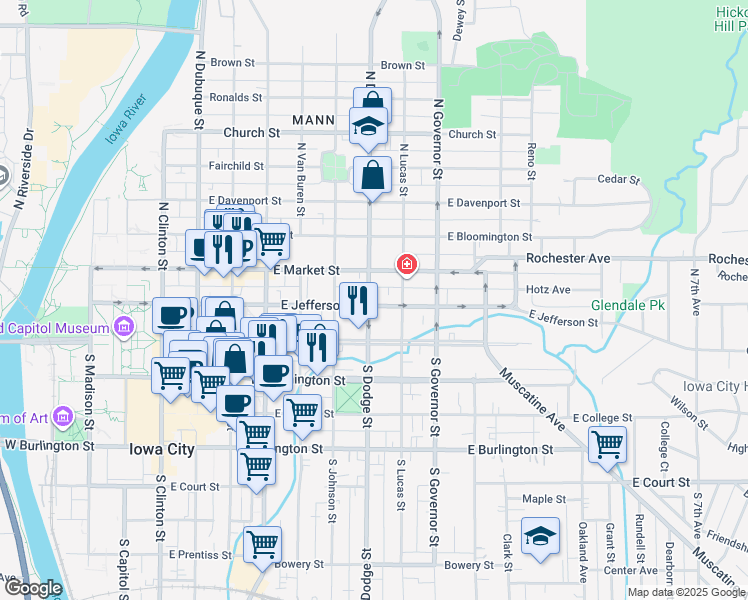 map of restaurants, bars, coffee shops, grocery stores, and more near 704 East Jefferson Street in Iowa City
