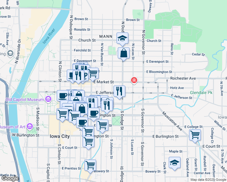 map of restaurants, bars, coffee shops, grocery stores, and more near 606 East Jefferson Street in Iowa City