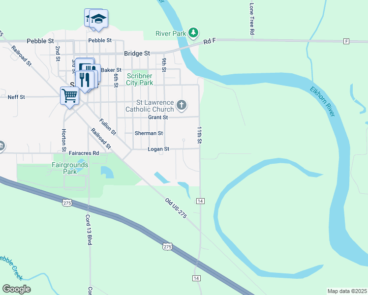 map of restaurants, bars, coffee shops, grocery stores, and more near 1005 Logan Street in Scribner