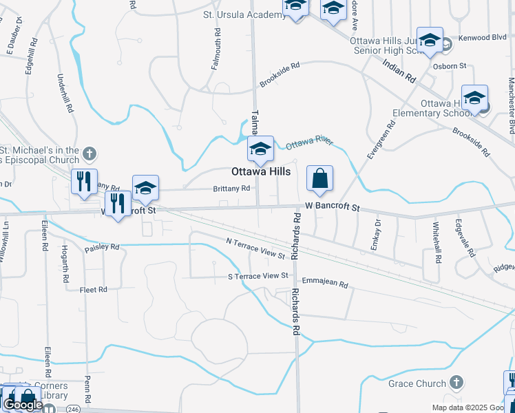 map of restaurants, bars, coffee shops, grocery stores, and more near W Bancroft St & Talmadge Rd in Toledo