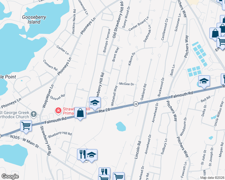map of restaurants, bars, coffee shops, grocery stores, and more near 69 Whitehall Way in Barnstable