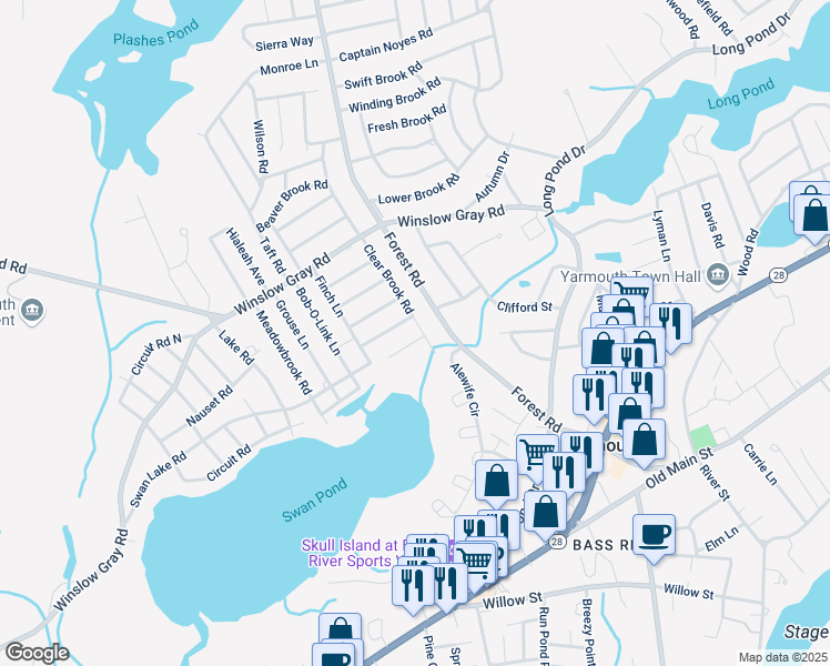 map of restaurants, bars, coffee shops, grocery stores, and more near 2 Muscovy Lane in Yarmouth