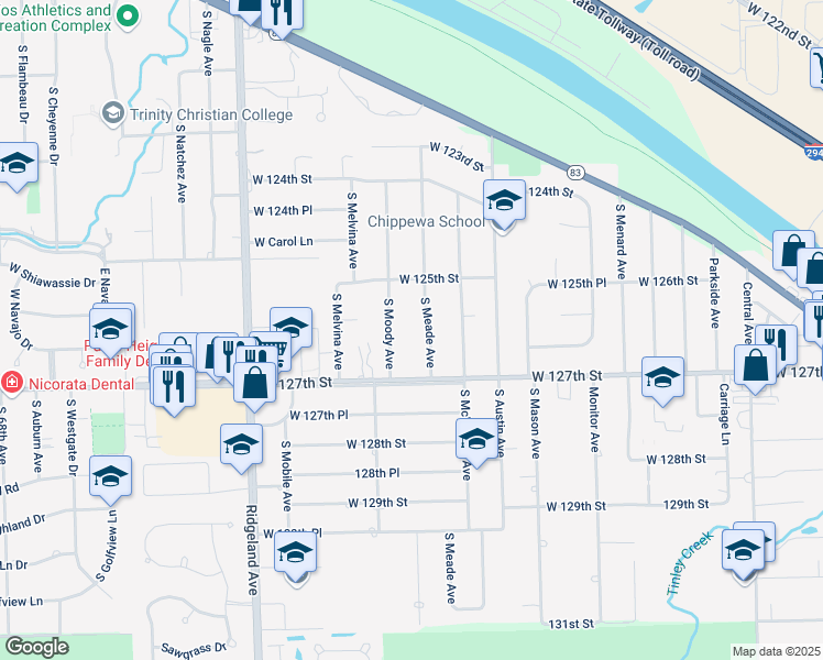 map of restaurants, bars, coffee shops, grocery stores, and more near 12600 South Meade Avenue in Palos Heights